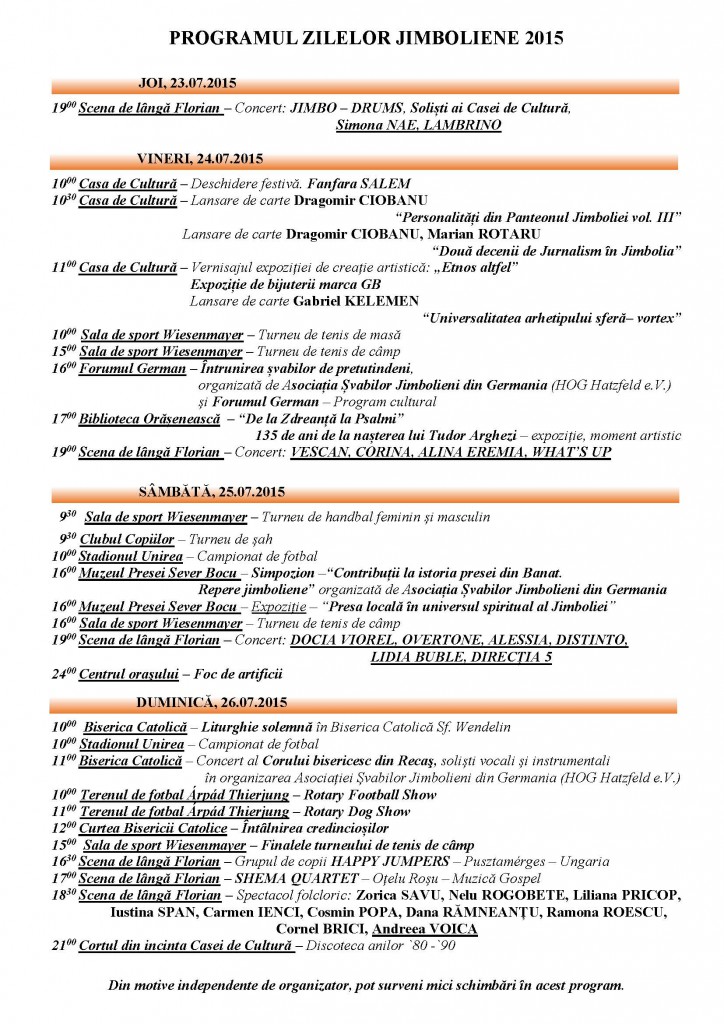 PROGRAMUL ZILELOR JIMBOLIENE, 23 - 26 IULIE 2015